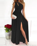 Women's apricot one shoulder sleeveless maxi dress with cutout and high split design.