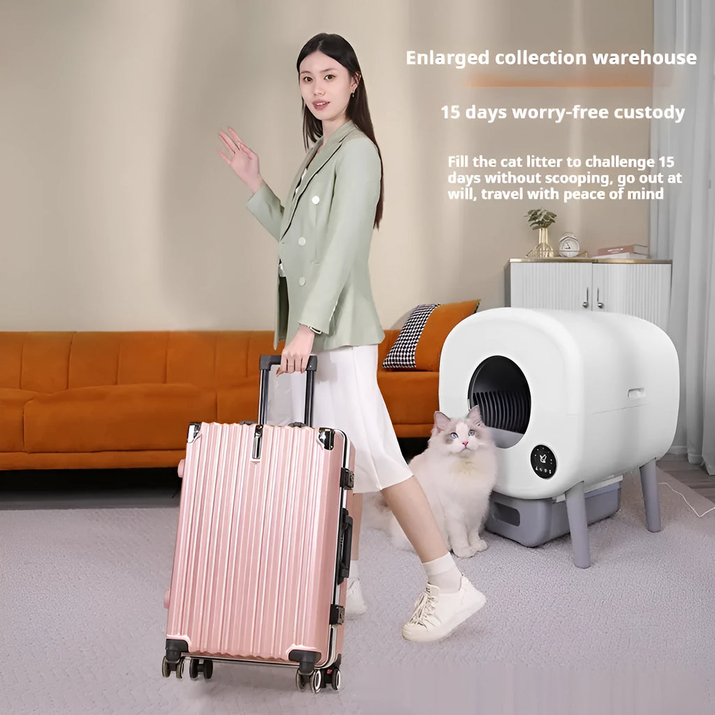White automatic cat litter box with control panel and waste storage compartment for self-cleaning pet toilet