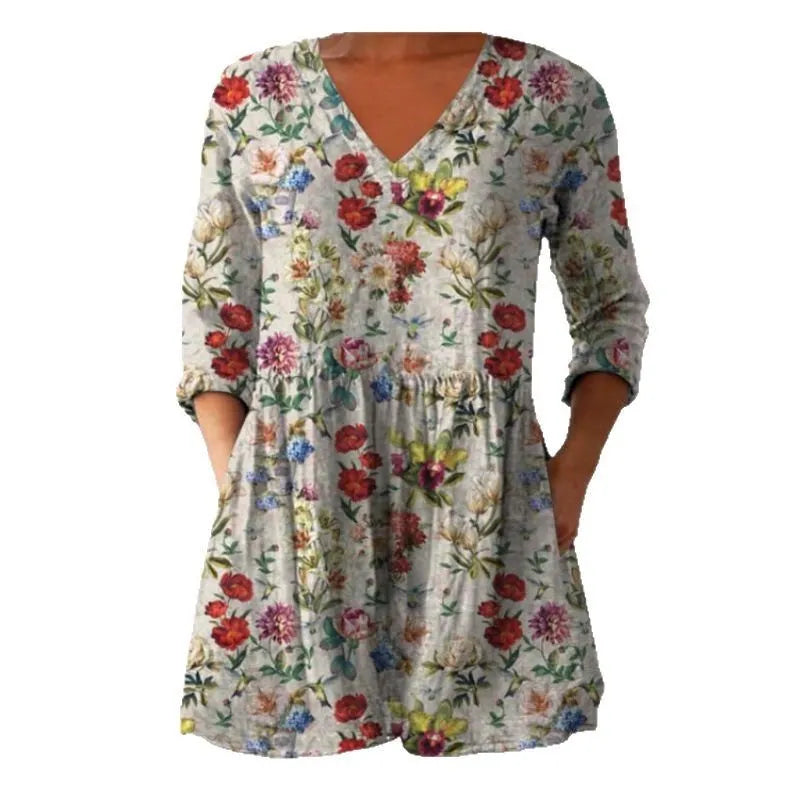 Women's printed wave dress with 3/4 sleeves and loose wide waist fitting in polyester fabric