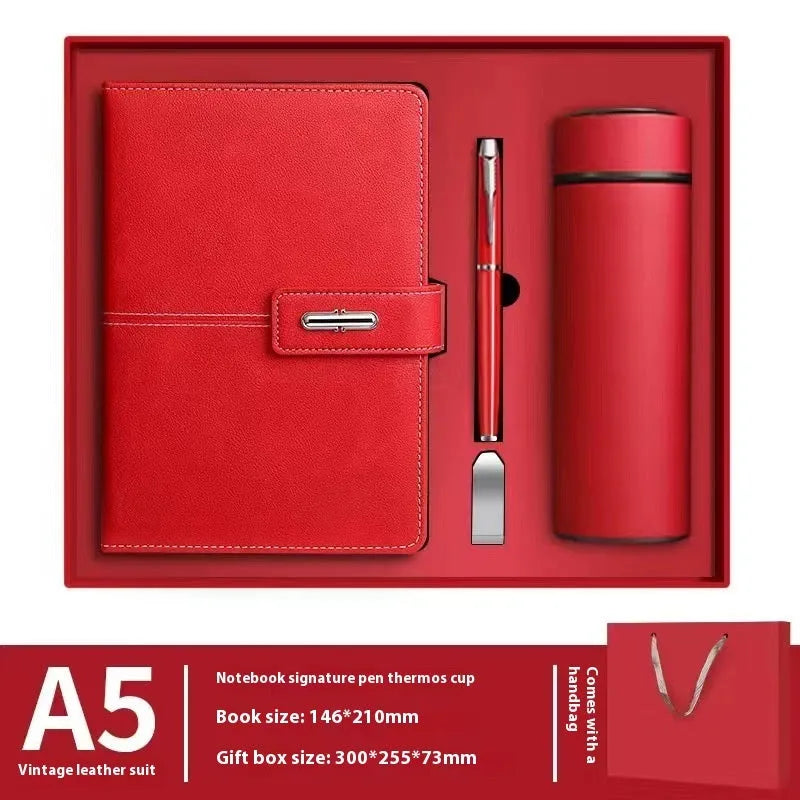 A5 notebook with PU leather cover in various colours including black, red, green, blue, and orange