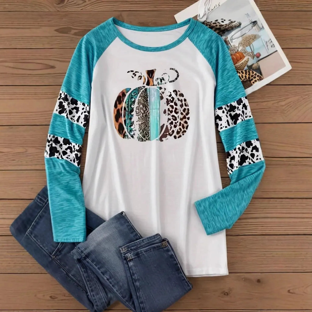 Sky blue long sleeve T-shirt with 3D digital print of a Halloween pumpkin.
