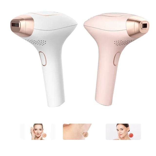Pink and white three-in-one ice-sensing laser hair removal device with shaver attachment and protective glasses