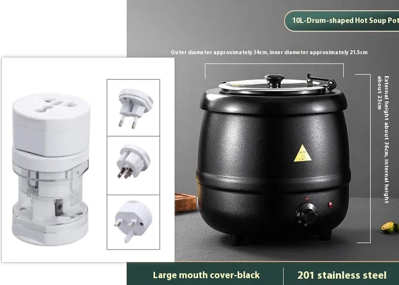 Black stainless steel electric heating soup pot with large mouth cover and adapter plug