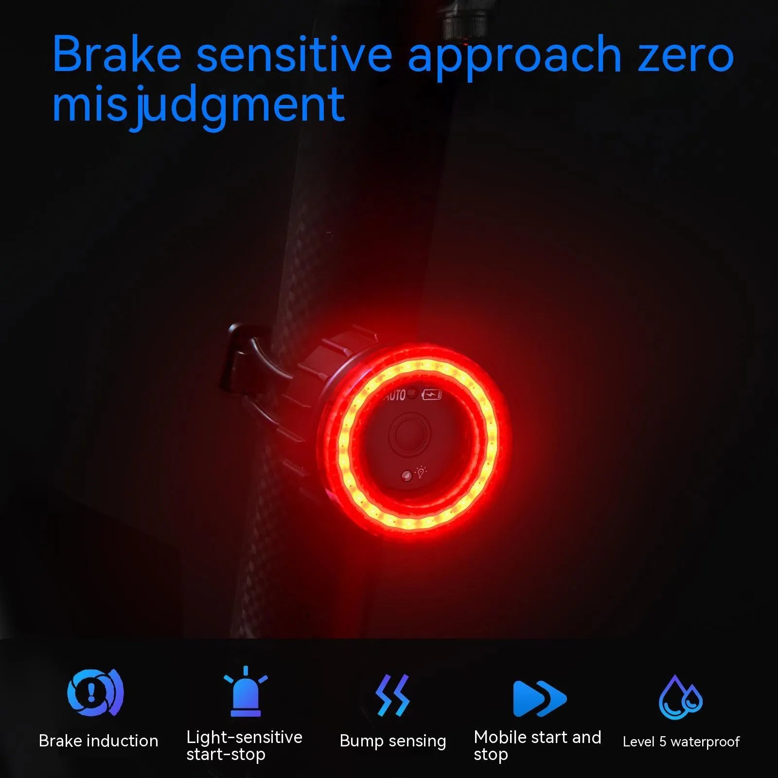 Black intelligent induction brake taillight for bicycle with seat tube mounting bracket
