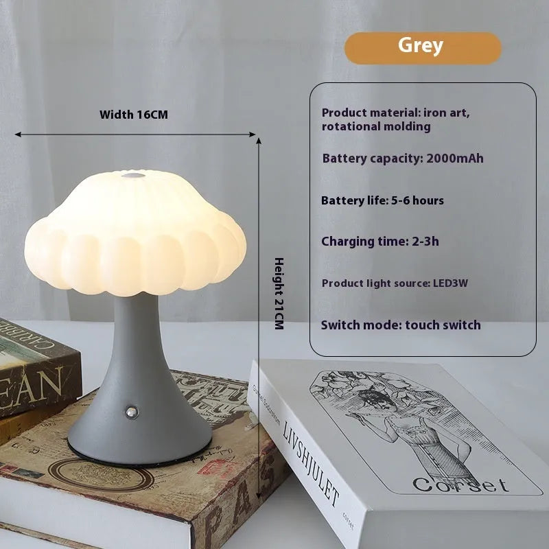 Mushroom-shaped decorative touch control night lamp with rechargeable battery in wood grain colour