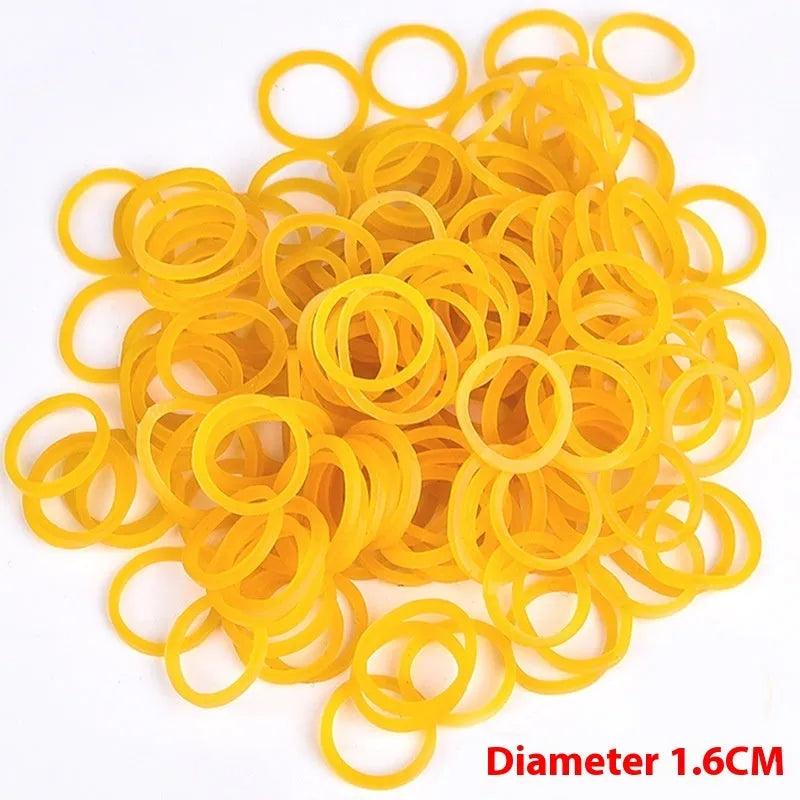 500g bulk pack of assorted yellow rubber bands in diameters from 16mm to 70mm.