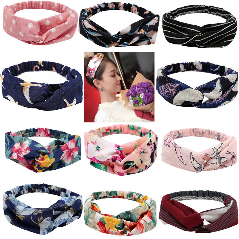 Women's polka dot printed bohemian cloth hair band with flower shape, checker pattern, available in multiple colours