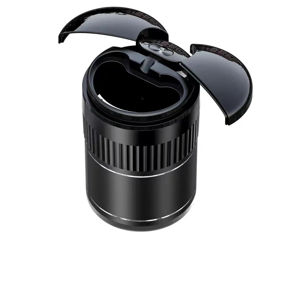 Black automatic sensing touch infrared metal car ashtray with lid on a car console.