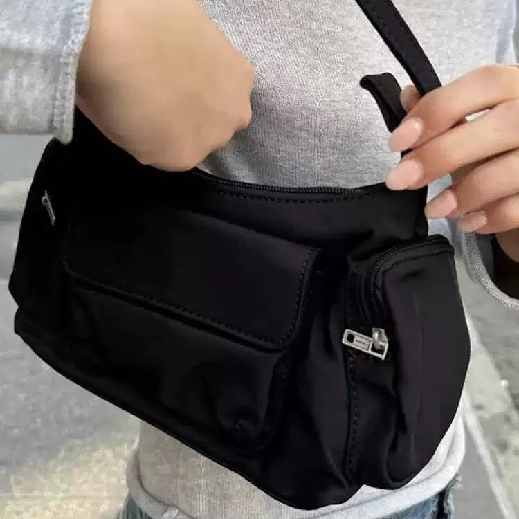 Black PU nylon women's shoulder bag with double pockets and side line detailing