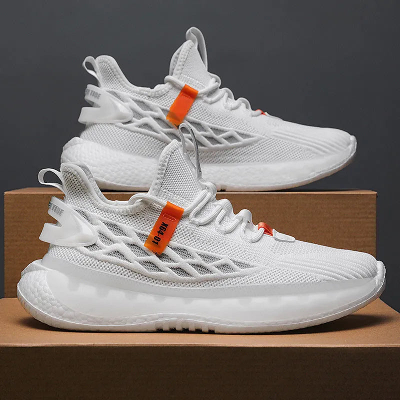Men's white mesh platform sneakers with woven design and flat rubber sole