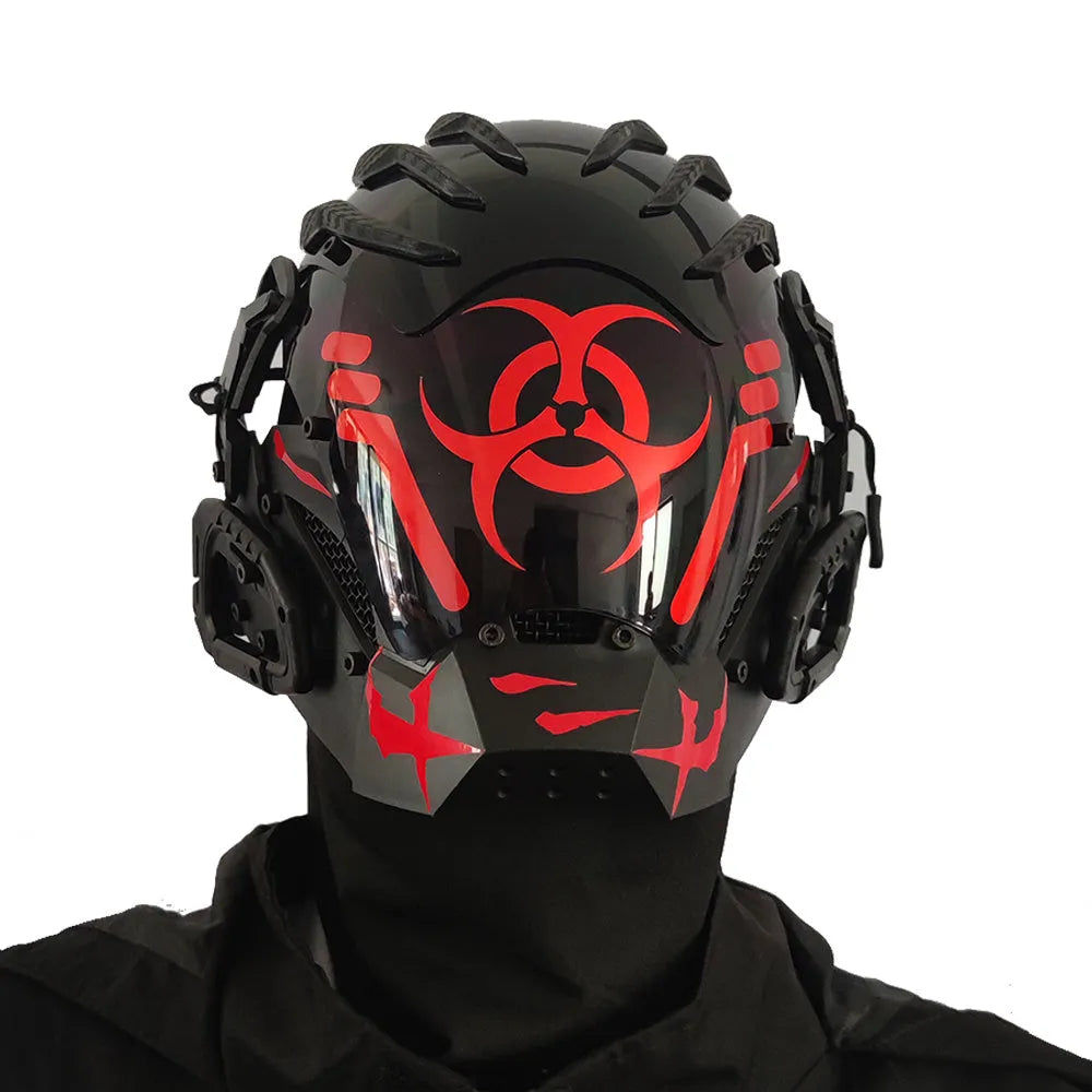 Black full face prop mask with bioweapon tech design for costume events