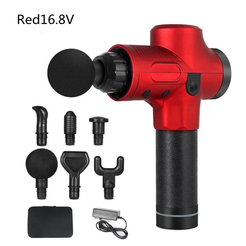 Electric muscle massage gun with multiple interchangeable heads on black background