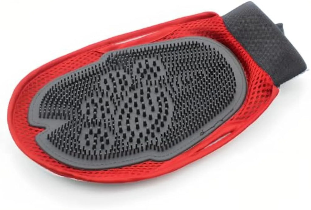 Red pet bathing glove with silicone finger grips for combined washing and grooming during pet bath time