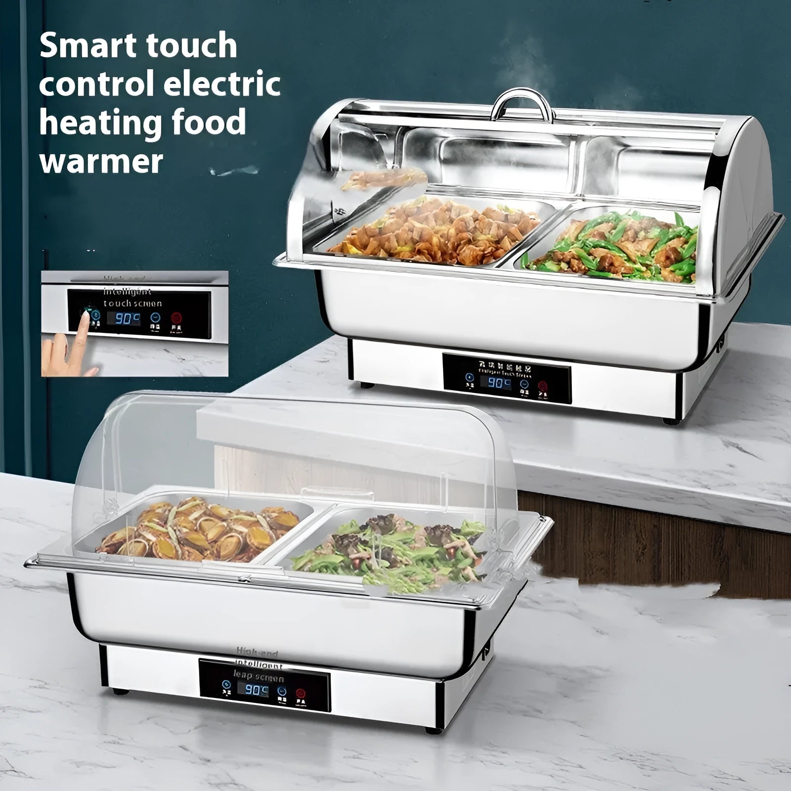 Stainless steel electric buffet stove with transparent flip lid and LCD temperature display