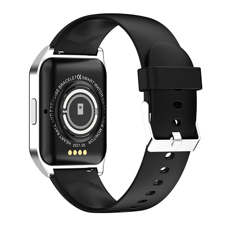 Smart watch with 1.69-inch screen showing heart rate data, worn on silicone wrist strap
