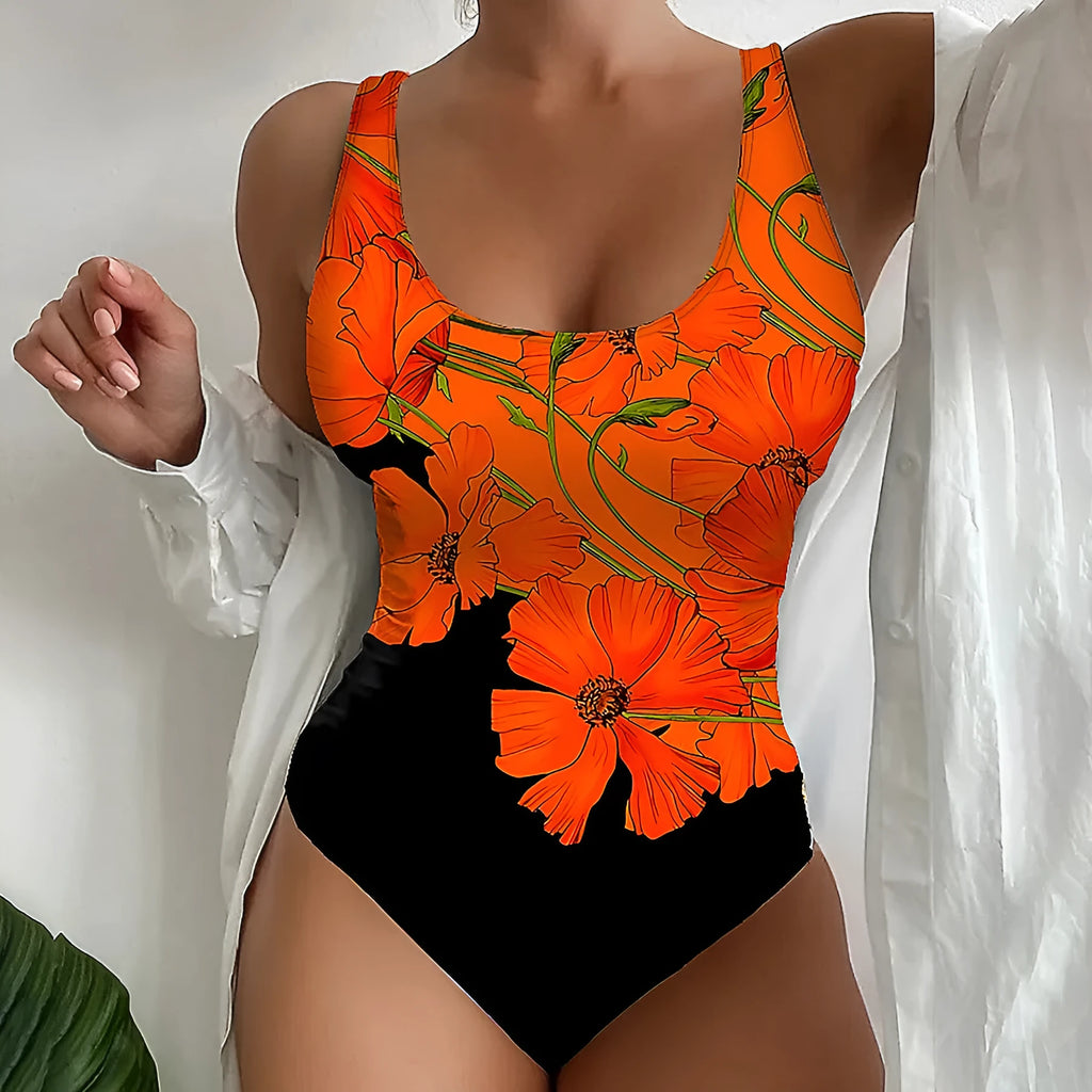 Orange flower print backless one-piece swimsuit in slim fit design