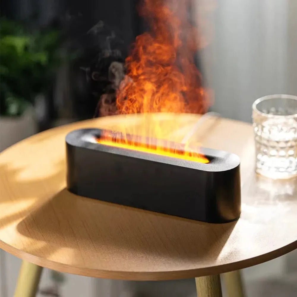 Square black desktop aroma diffuser and humidifier with creative lava flame lighting effect.
