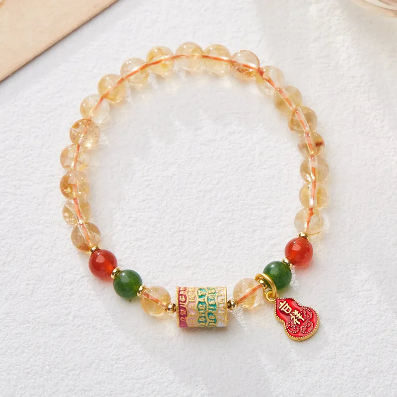 Hand-woven citrine five sutra bracelet with 6mm crystal beads in geometry pattern