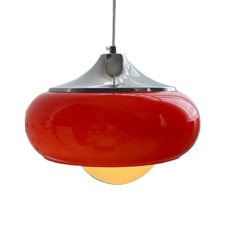 Bauhaus retro style glass pendant ceiling light with three egg tart shaped shades in milk white finish.