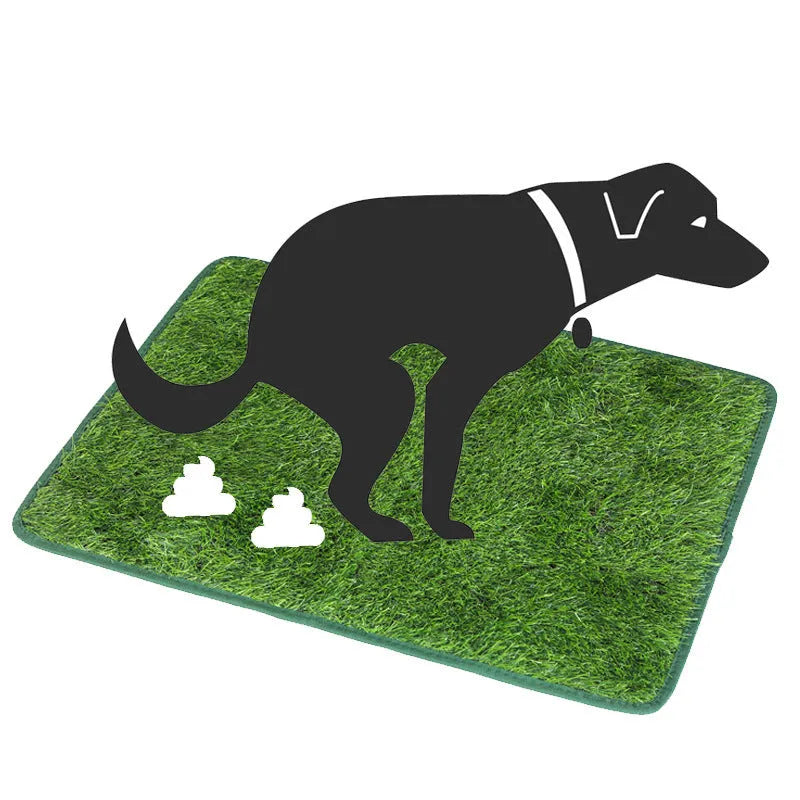 Washable artificial grass pet training mat for dogs and cats on a tiled floor.