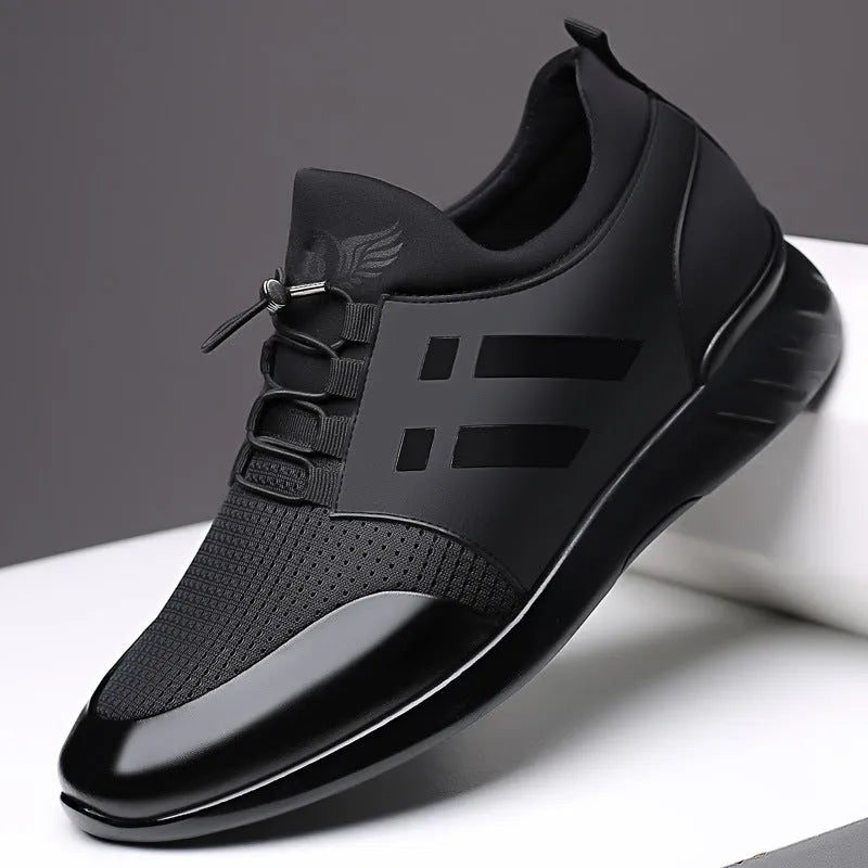 Men's black casual shoes with genuine leather upper and invisible internal height increase heel.