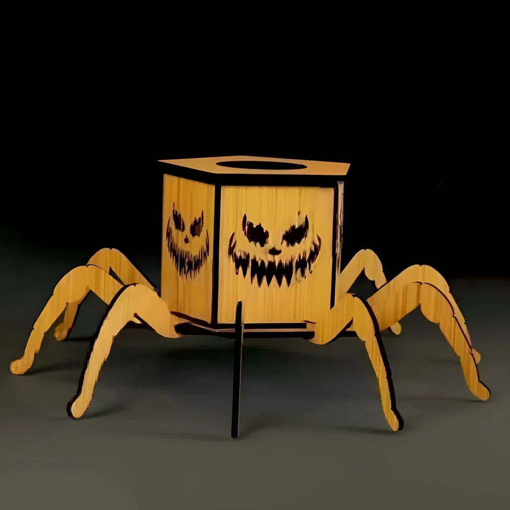 Wooden Halloween spider lantern candlestick decoration measuring 21cm by 8.5cm
