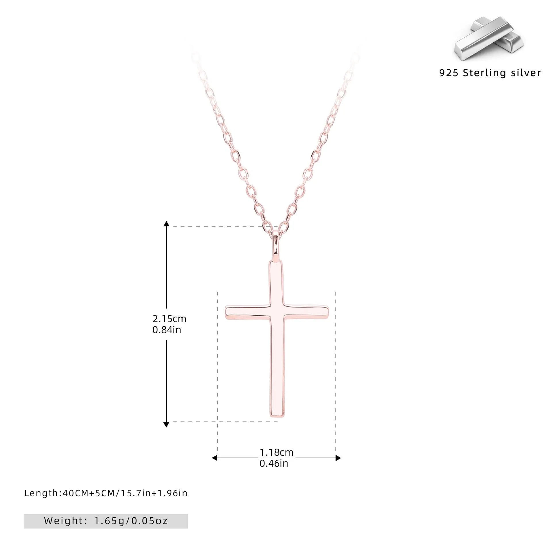 S925 sterling silver necklace with glossy cross pendant on O-shaped chain in gold, platinum or rose gold plating