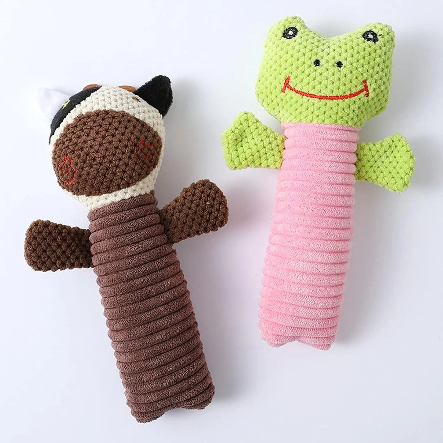 Soft plush dog squeaky chew toy in animal shapes including a calf, frog, and puppy, shown with scale for its 19cm by 5cm size.