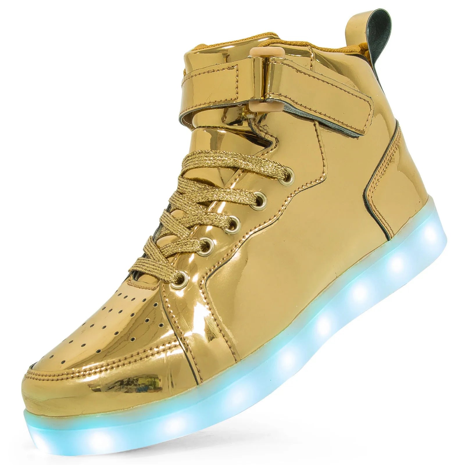High-top LED light shoes with Velcro strap and rechargeable lights in multiple colours.