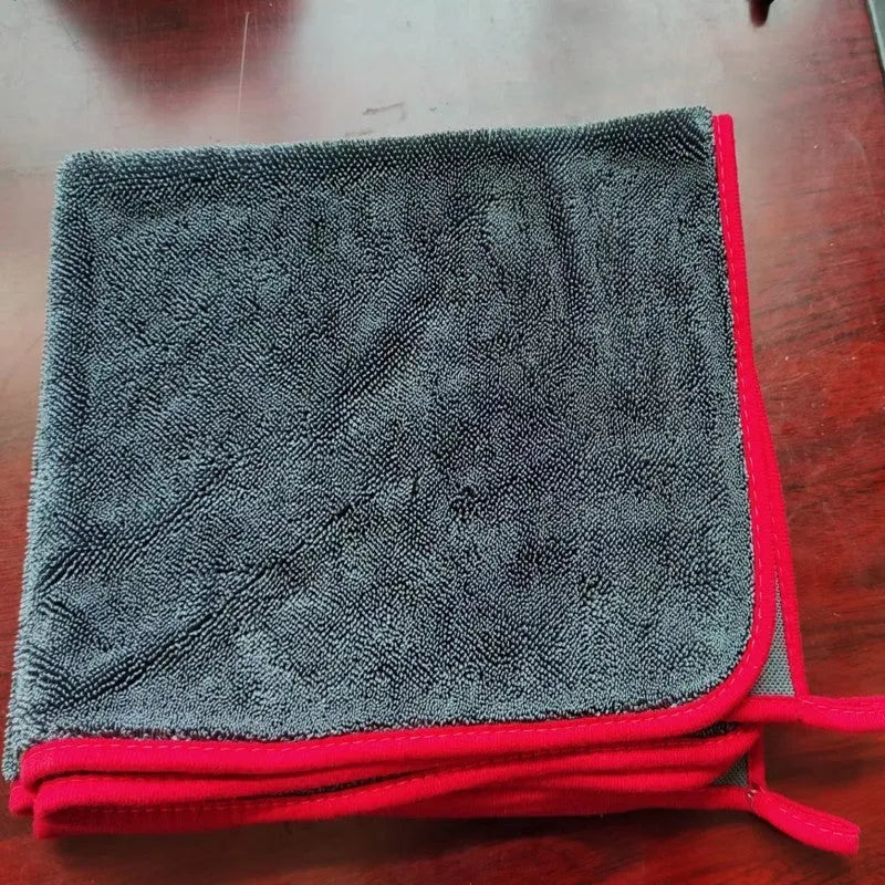Braided twist car cleaning towel shown in grey and grey with red edge variants with size examples