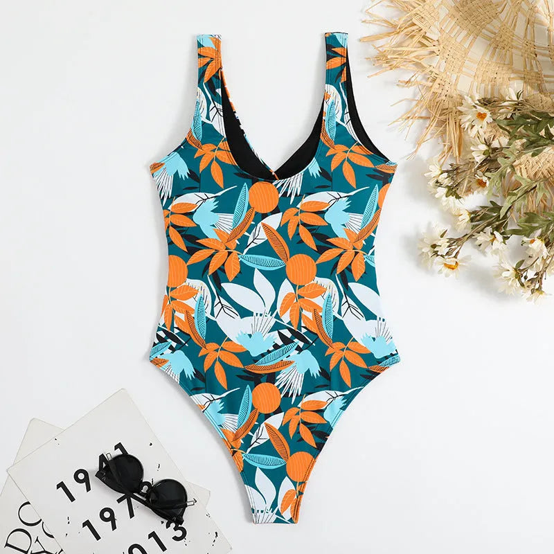 Women's high waist one-piece bikini swimsuit in printed polyester fabric