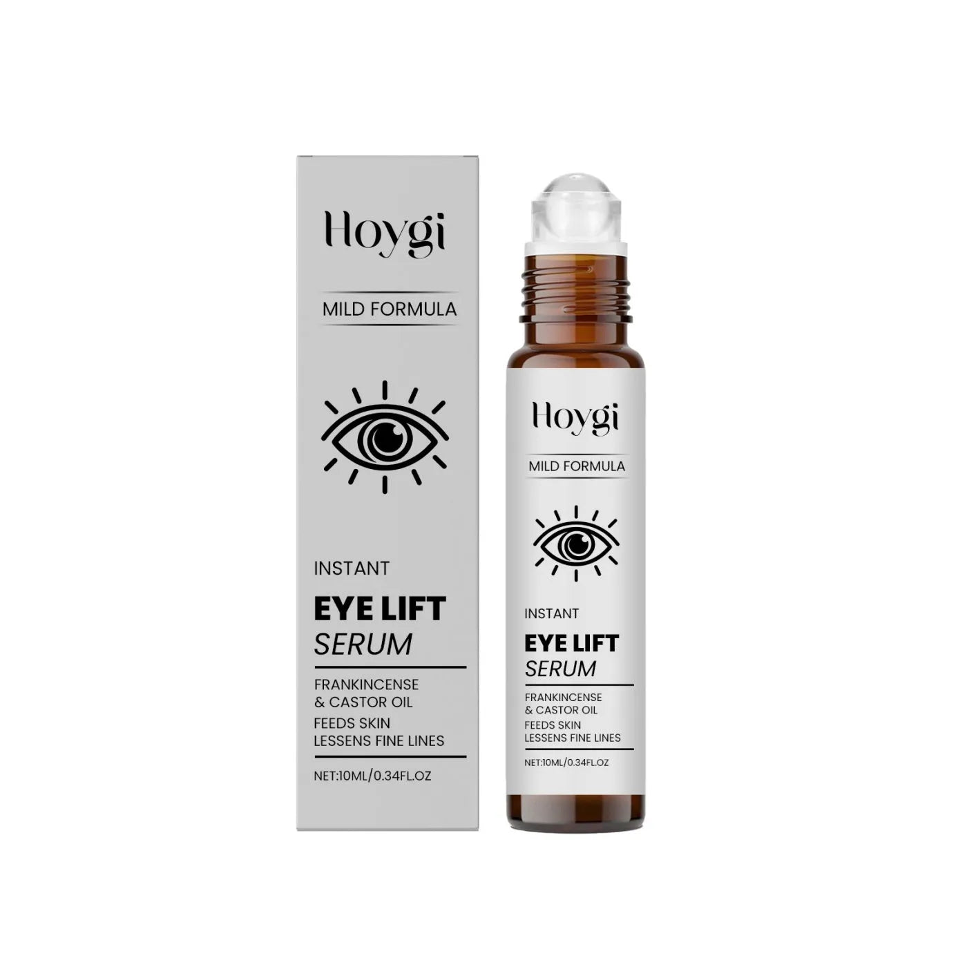 Eye firming liquid roll-on bottle with 10ml capacity, featuring frankincense and castor oil
