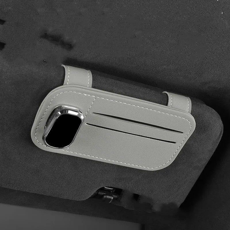 Cowhide leather automotive sun visor card holder with glasses clip in various colours.