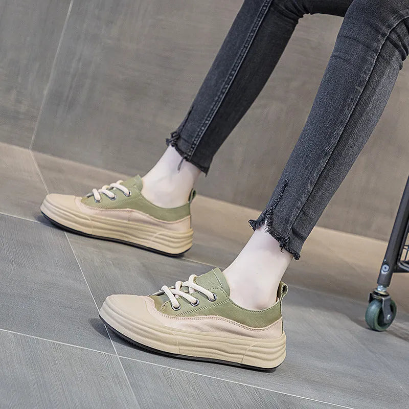 Women's matcha green leather platform sneakers with round toe and lace-up front.