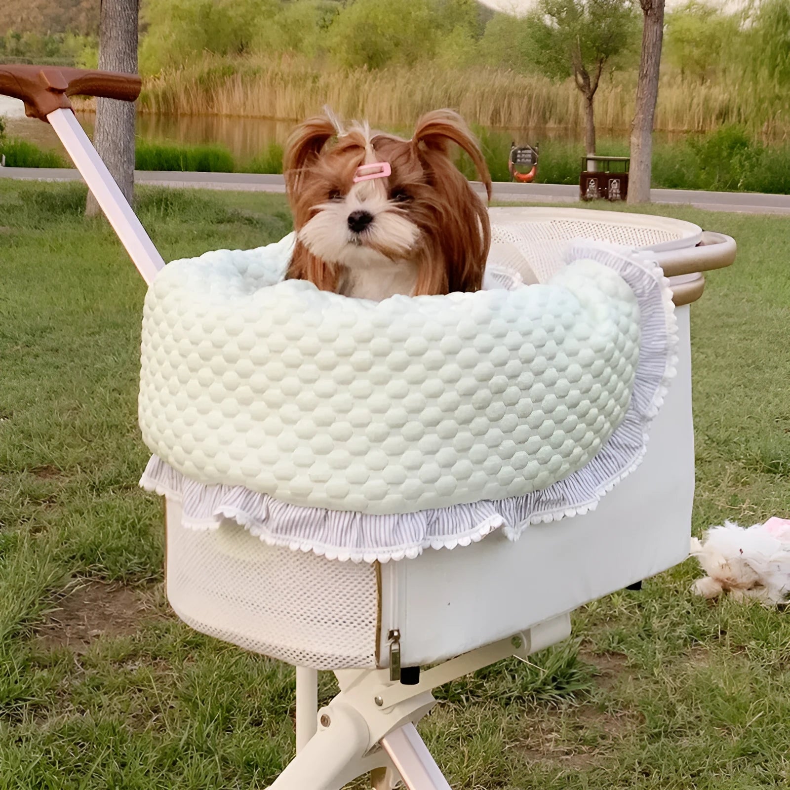 Pet stroller three-piece accessory set showing anti-dirty towel, cushion, and pillow in cotton cloth with floral pattern
