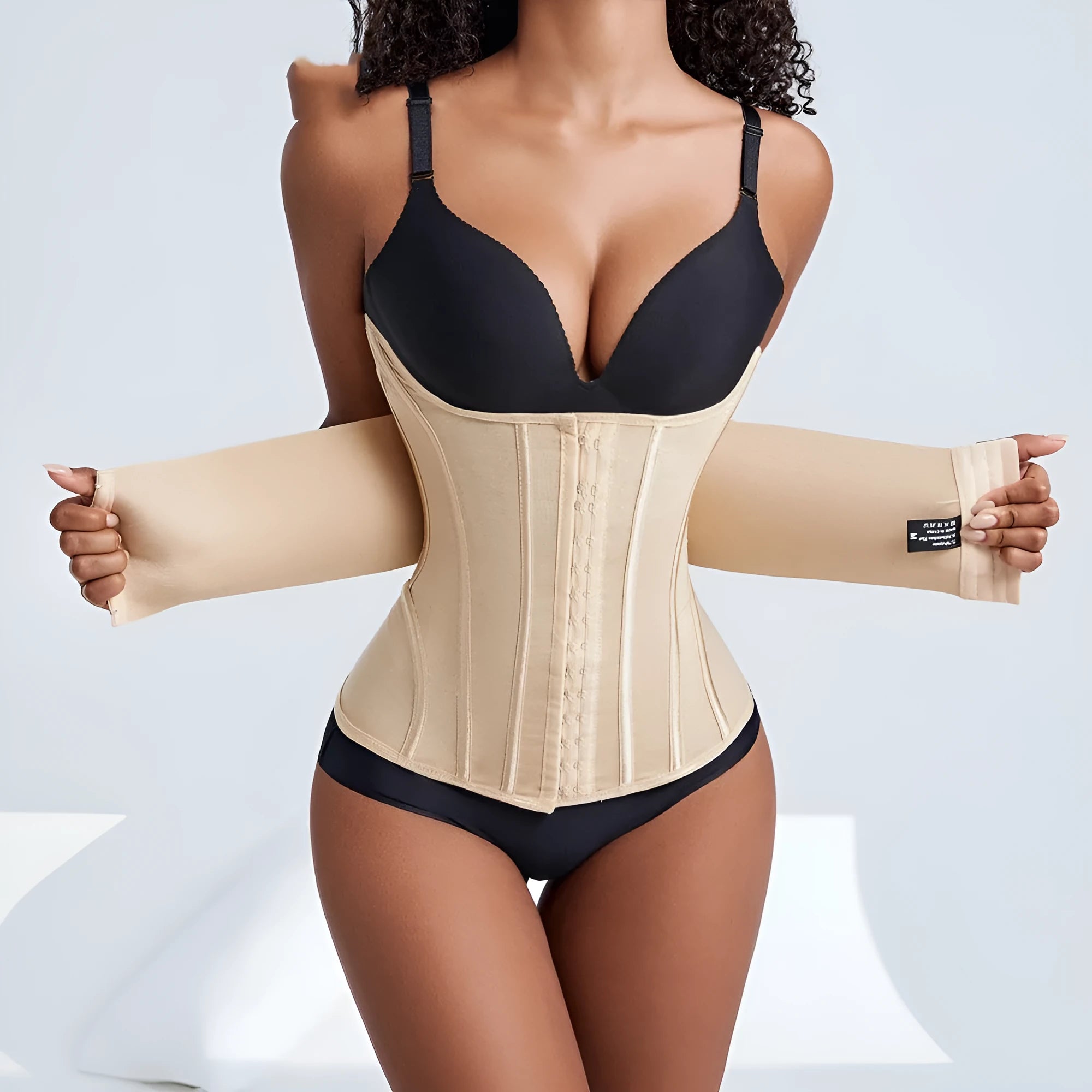 Black and apricot nylon waist training belly band with adjustable belt tie