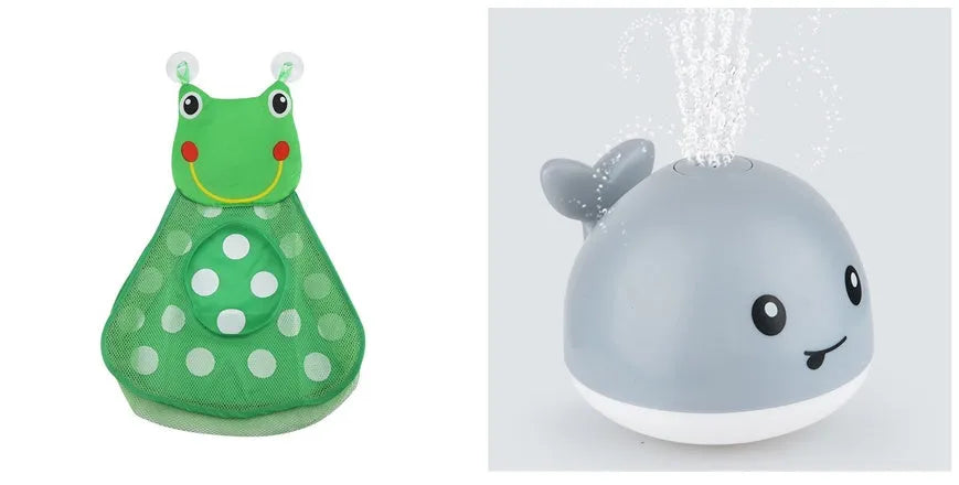 Whale-shaped baby bath toy with automatic water spray and colourful lights floating in water.