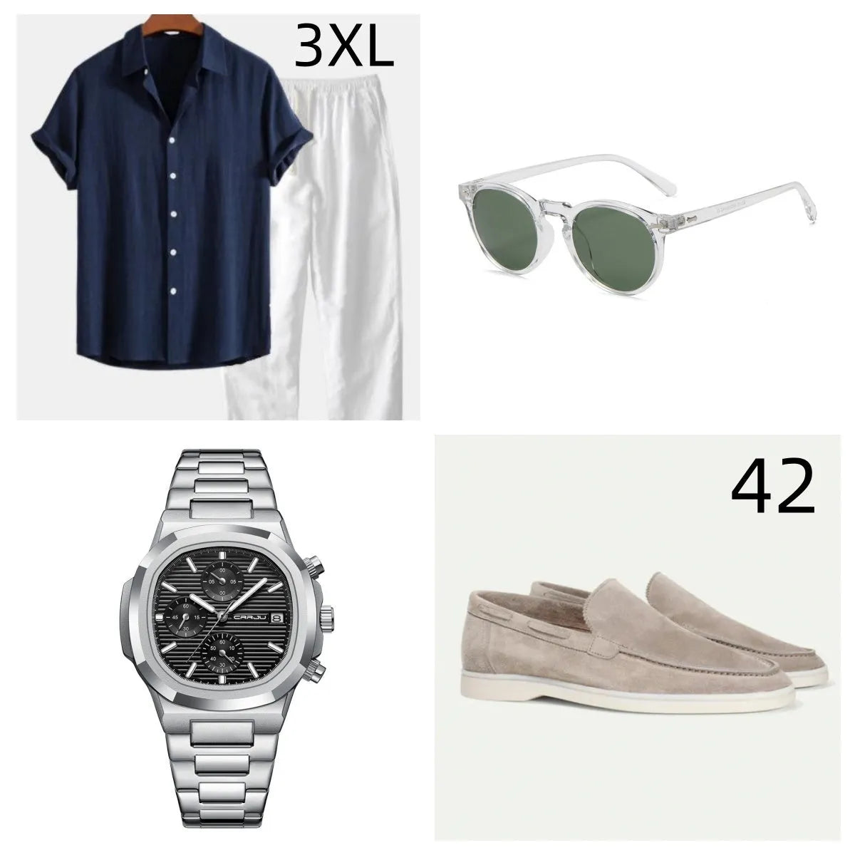 Cotton linen short sleeve casual suit set in navy blue with matching accessories for summer beachwear