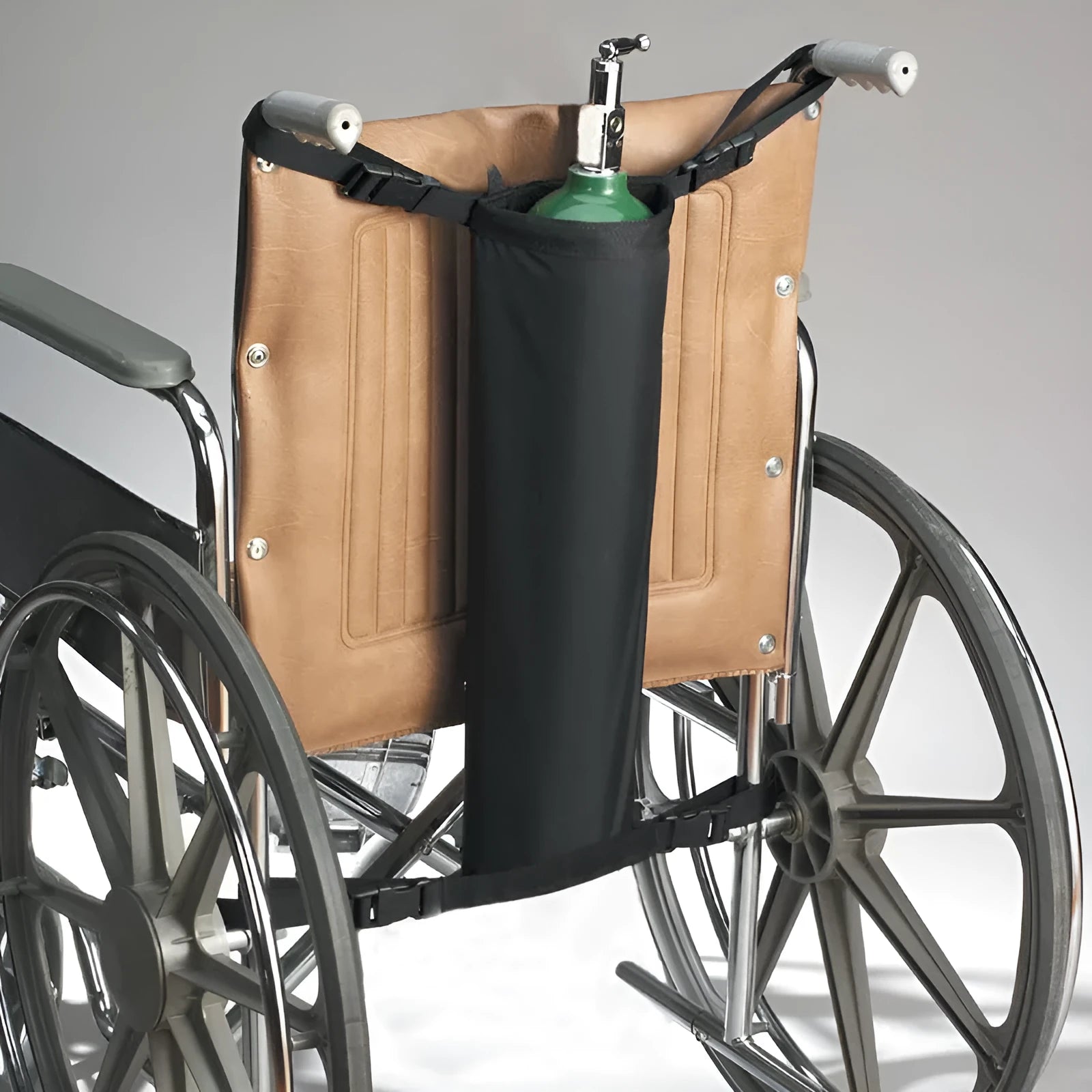 Black wheelchair pannier bag designed for oxygen cylinder transport with cylindrical shape and 600D Oxford cloth construction
