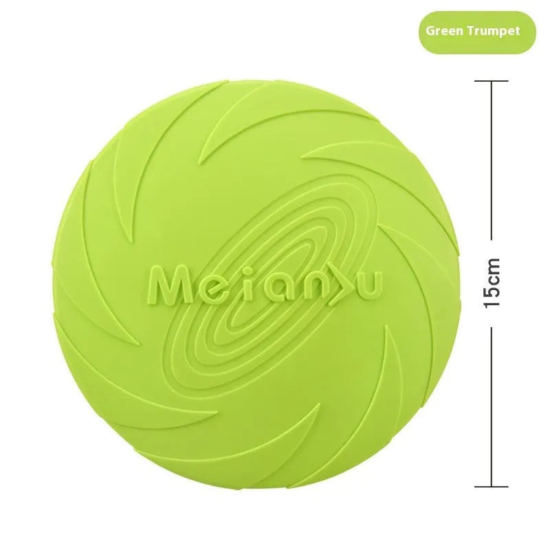Soft rubber dog frisbee toy for outdoor fetch, shown in three sizes and red, blue, green colour options.