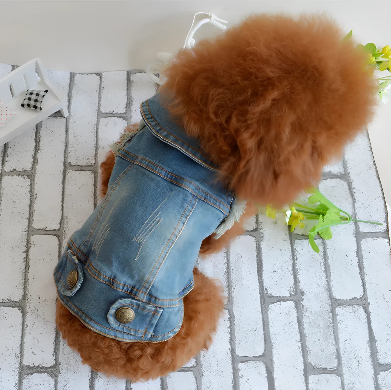 Denim dog vest with retro scratch pattern design in dark blue colour for small breed dogs