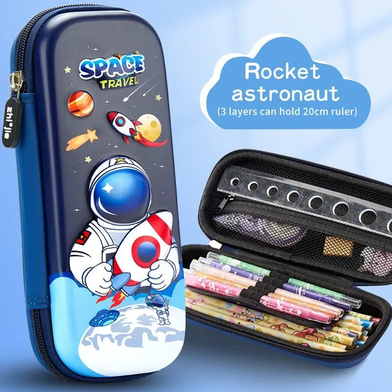 3D leather pencil case with embossed spaceship design organising pens and pencils