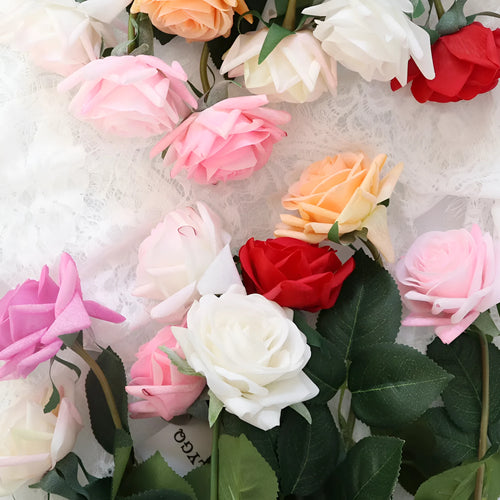 Artificial silk rose flower with red petals and green plastic stem measuring approximately 42cm long