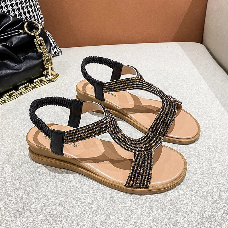 Women's gold beach sandals with rhinestones and round toe, non-slip sole