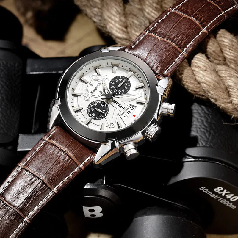 Men's multifunctional quartz watch with three-eye dial, luminous hands, waterproof case, 15mm thickness.