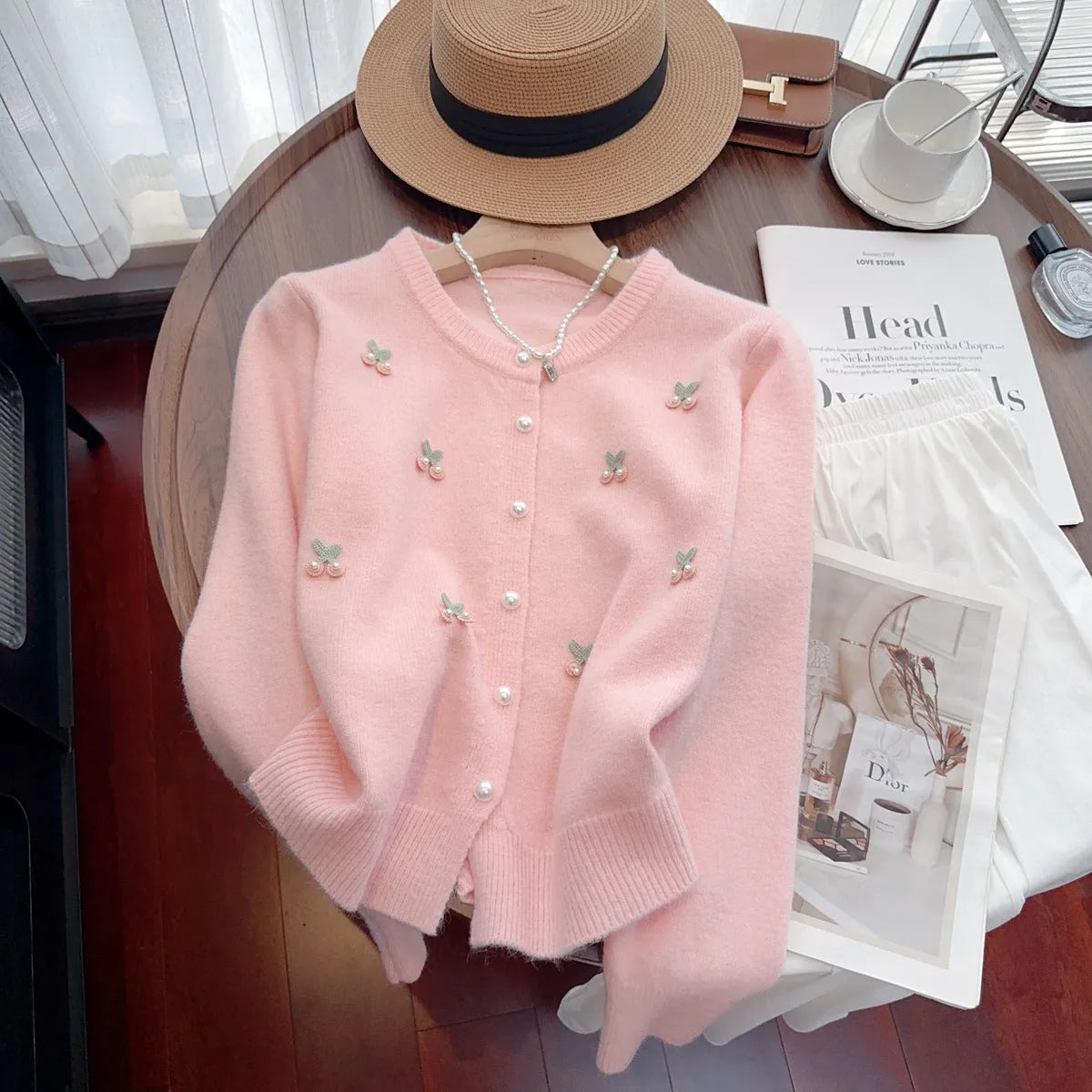 French sweet soft cardigan coat with bead embellishments in blue, pink, red or white colours