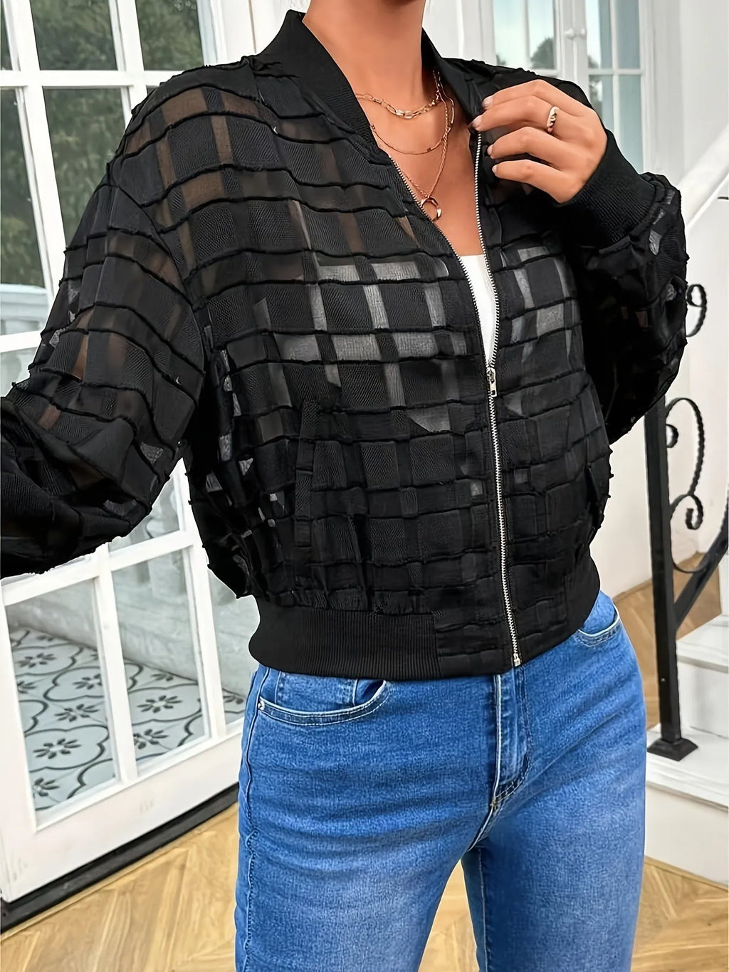 Women's black semi-transparent casual jacket with geometric pattern and zip front