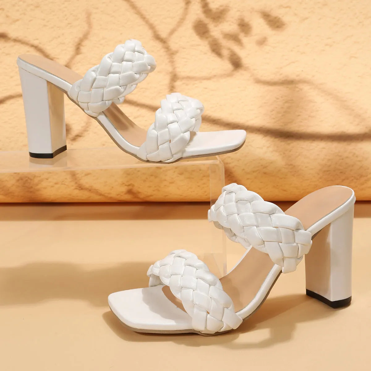 Square toe flip-flops with chunky heel and woven twisted design in apricot colour