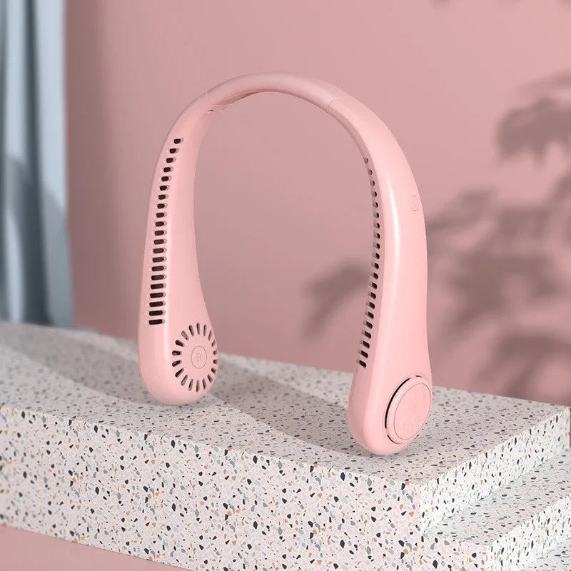 White USB charging bladeless neck fan with adjustable speed settings worn around neck