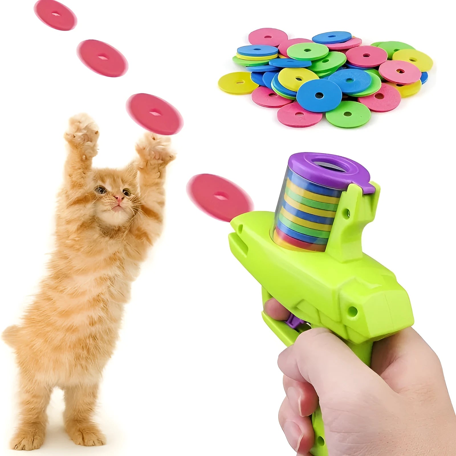 Green interactive cat toy launcher with foam discs for automatic launching play